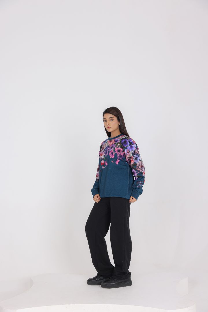 TEAL BLUE FLORAL PRINT SWEAT SHIRT