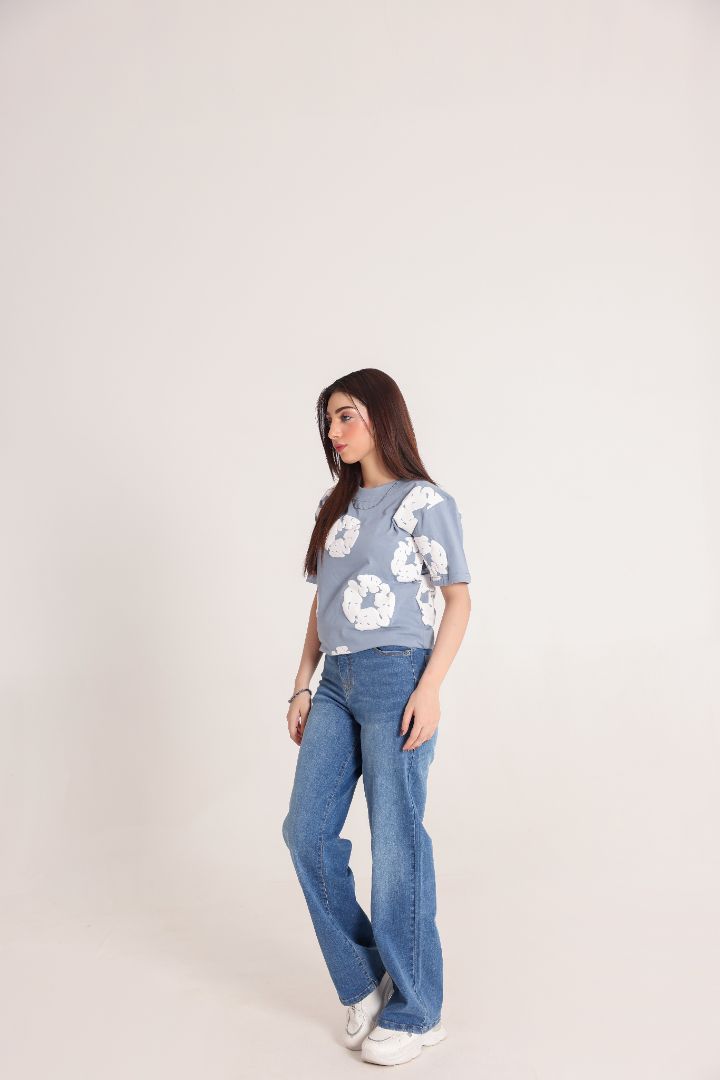 White & Blue Abstract Print T-Shirt