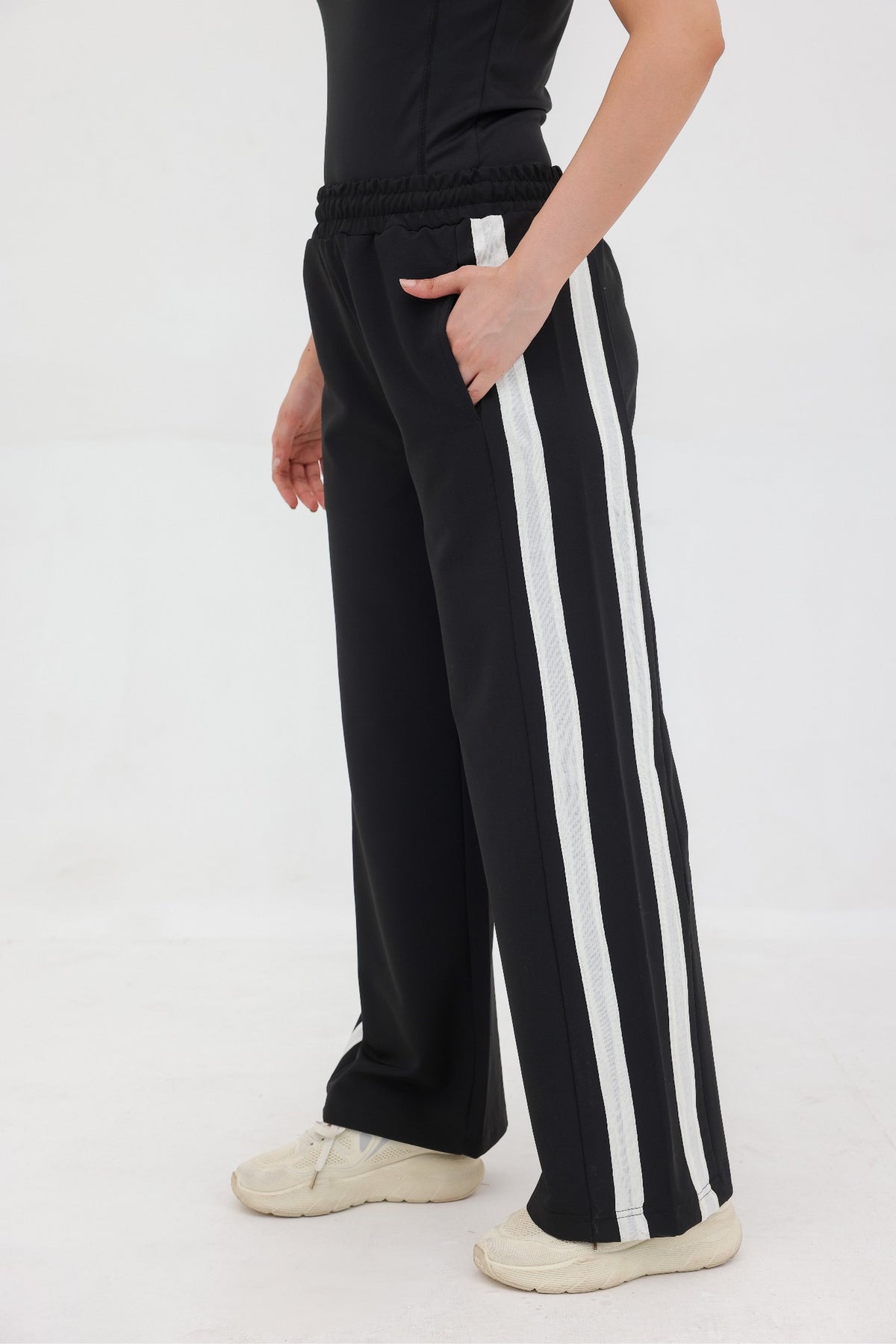 Women Double Stripe Wide-Leg Trousers - Black