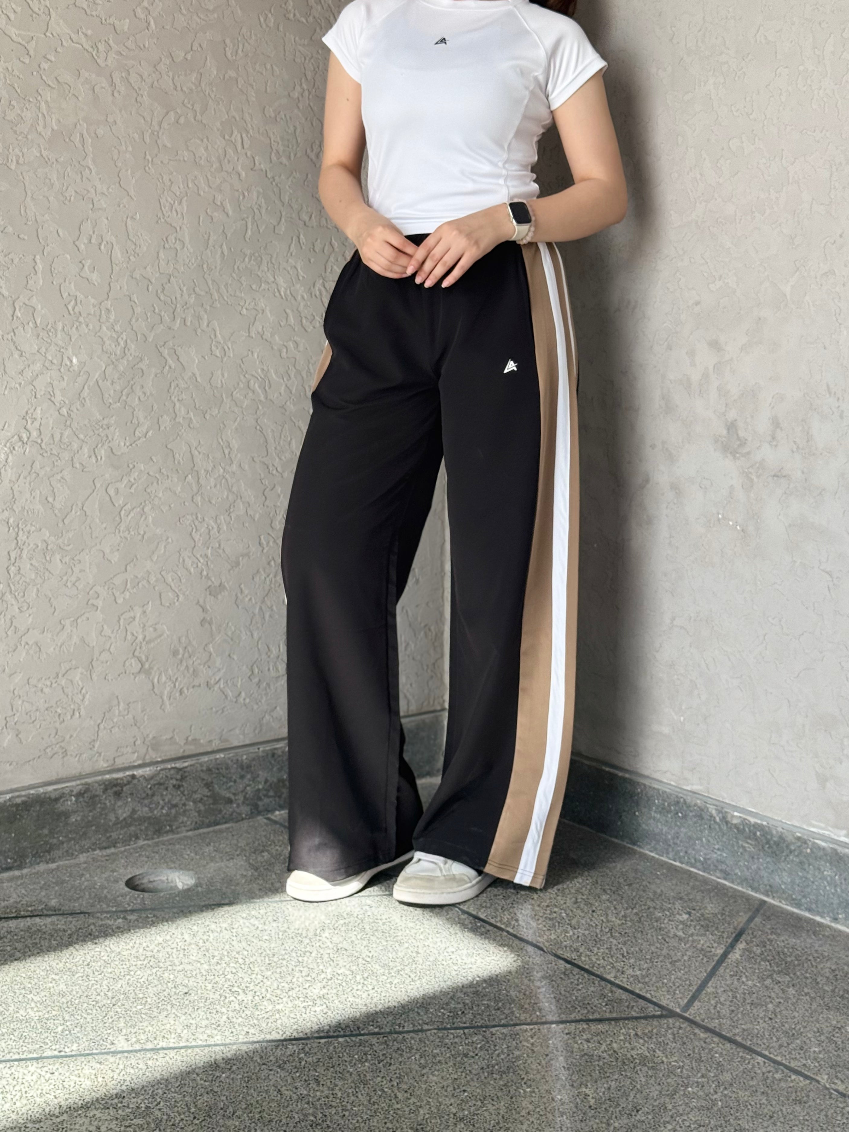 WOMEN BLACK WIDE LEG CONTRAST SIDE STRIPE TROUSER