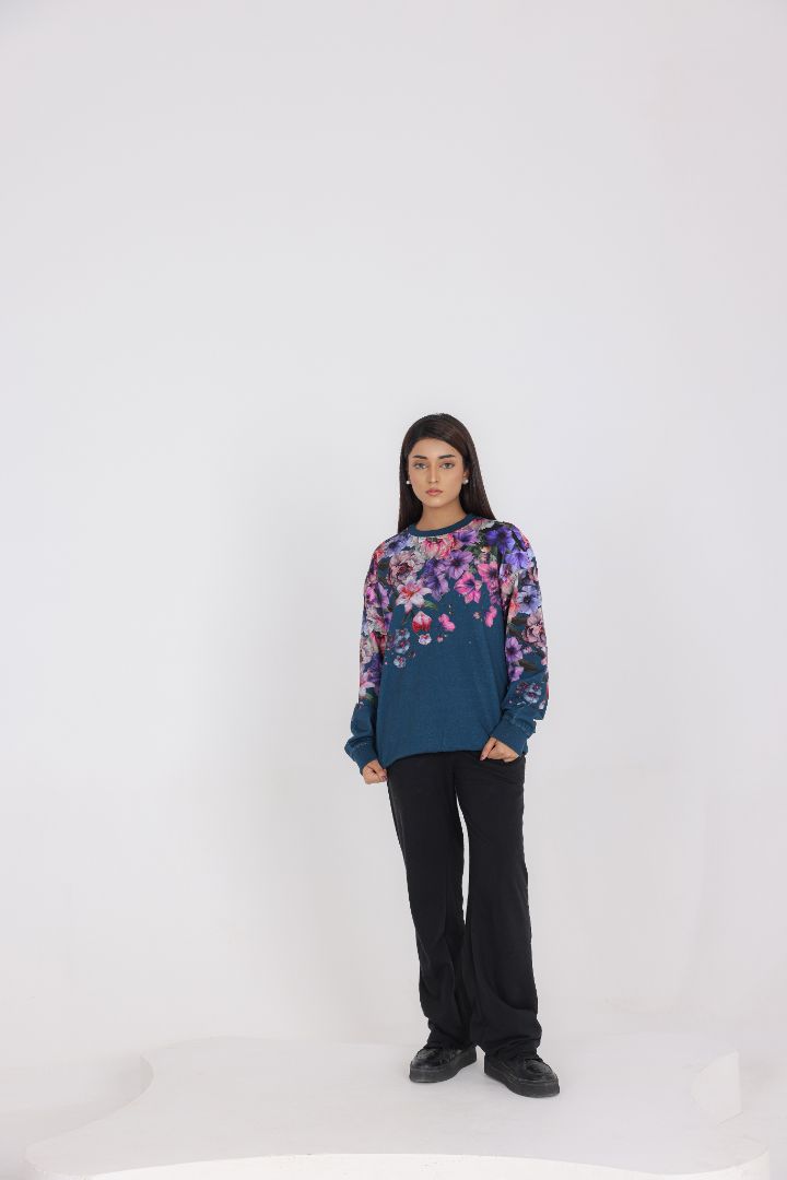 TEAL BLUE FLORAL PRINT SWEAT SHIRT