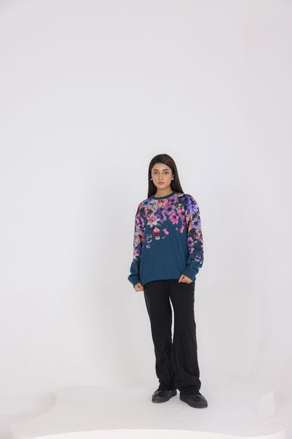 TEAL BLUE FLORAL PRINT SWEAT SHIRT
