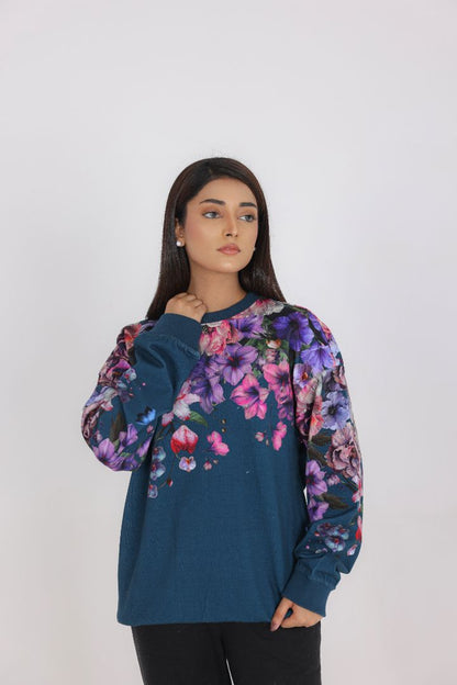 TEAL BLUE FLORAL PRINT SWEAT SHIRT