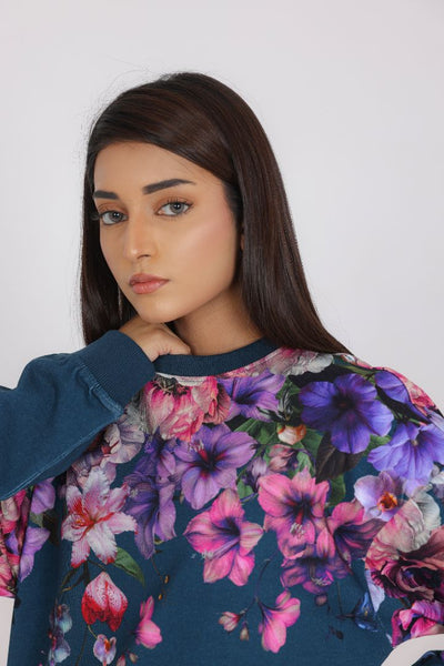 TEAL BLUE FLORAL PRINTED SWEAT SHIRT