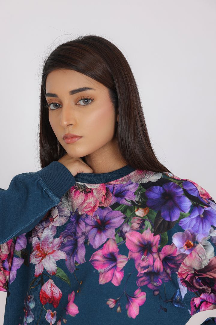 TEAL BLUE FLORAL PRINTED SWEAT SHIRT