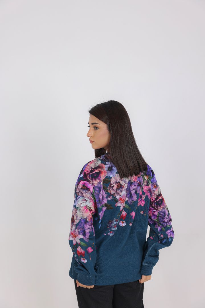 TEAL BLUE FLORAL PRINTED SWEAT SHIRT