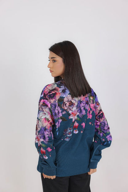 TEAL BLUE FLORAL PRINT SWEAT SHIRT