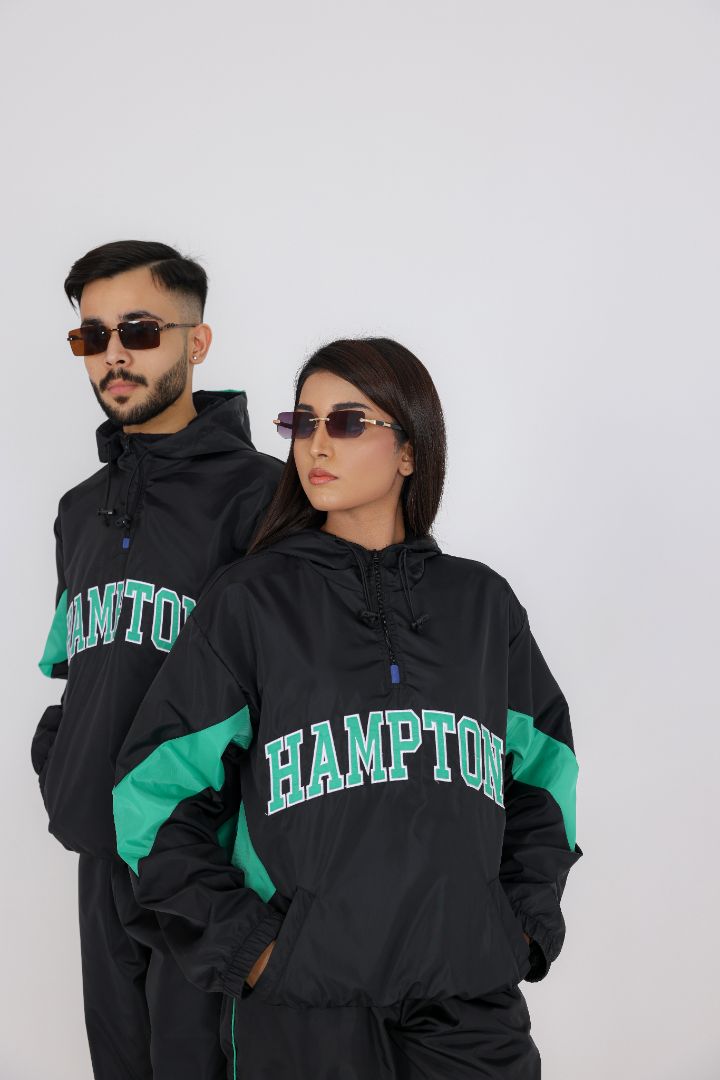 UNISEX RETRO WINDBREAKER TRACKSUIT - BKACK & TEAL