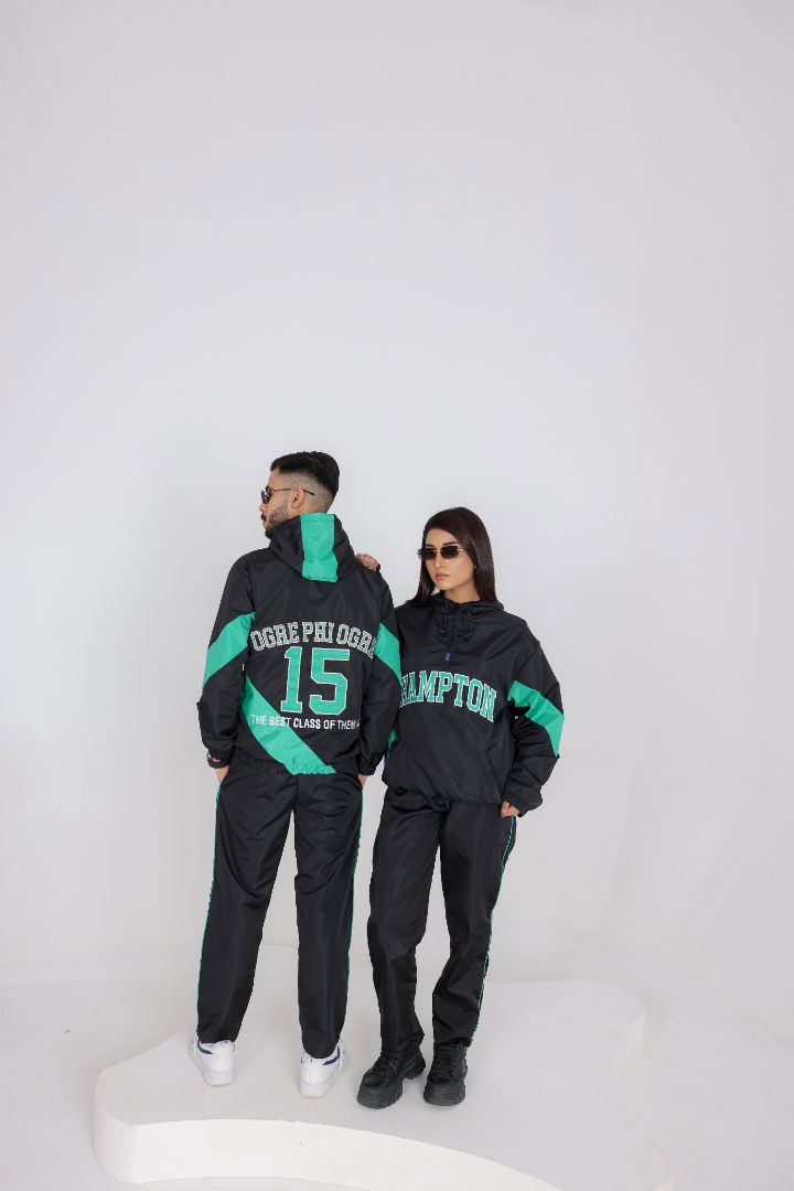 UNISEX RETRO WINDBREAKER TRACKSUIT - BKACK & TEAL
