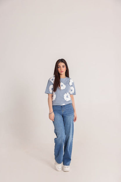 White & Blue Abstract Print T-Shirt