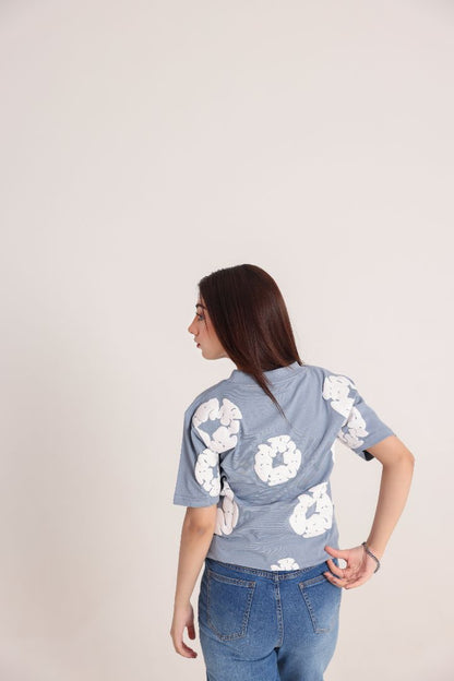 White & Blue Abstract Print T-Shirt