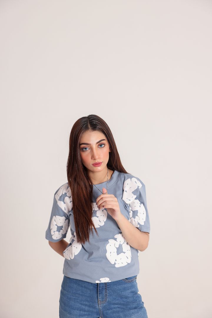 White & Blue Abstract Print T-Shirt