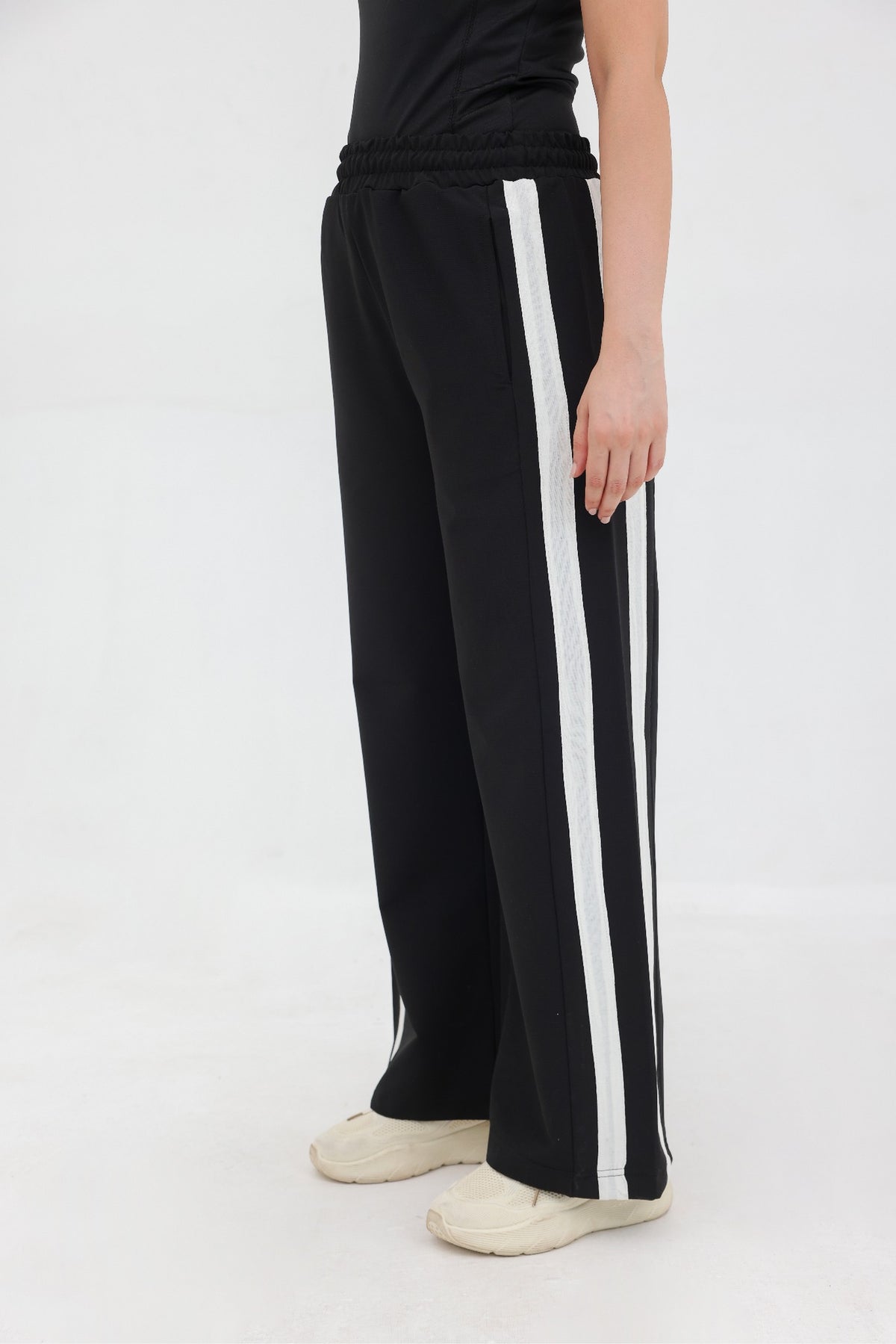 Women Double Stripe Wide-Leg Trousers - Black