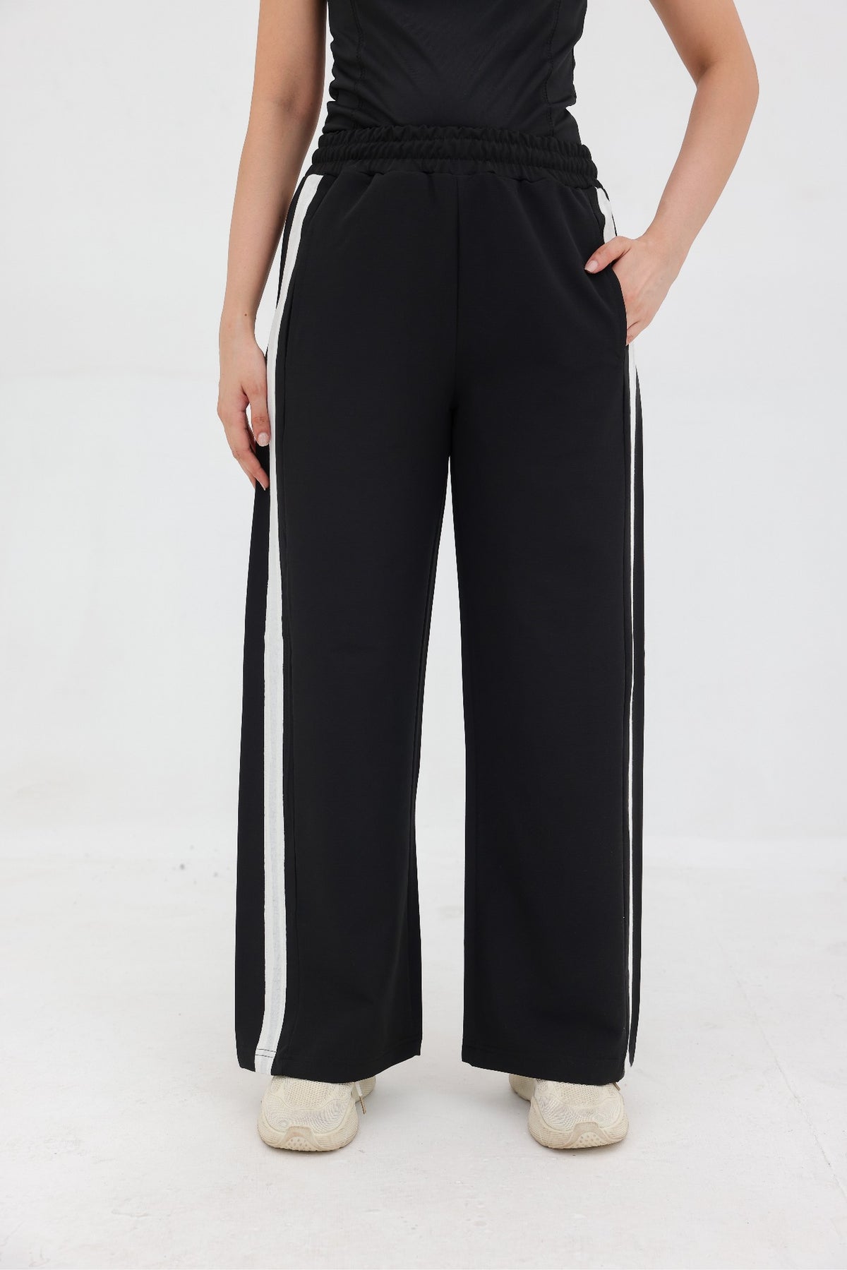 Women Double Stripe Wide-Leg Trousers - Black