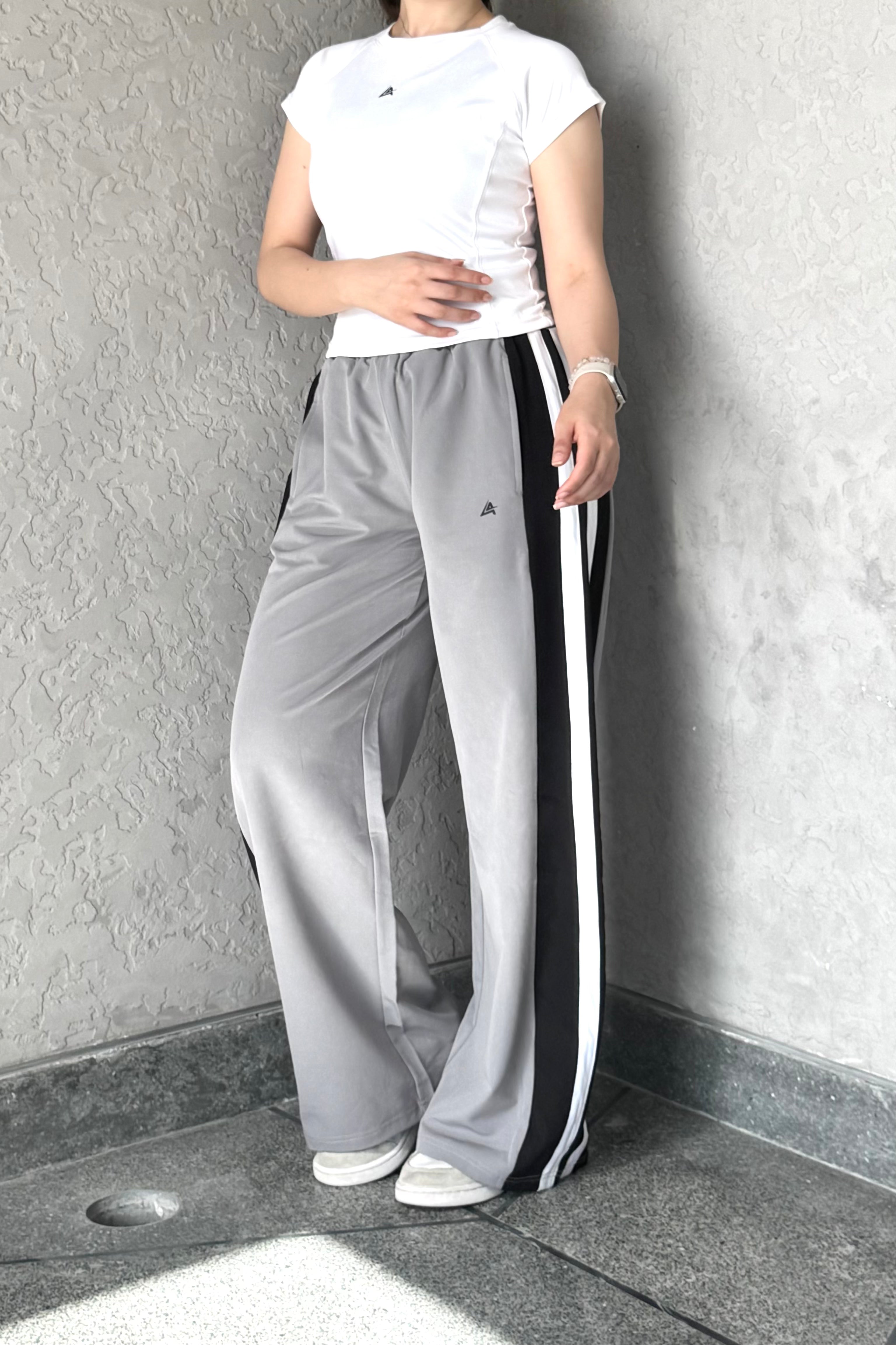 WOMEN LT GREY WIDE LEG CONTRAST SIDE STRIPE TROUSER