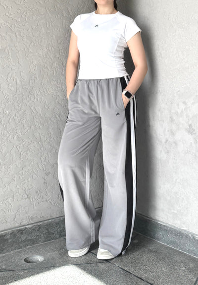 WOMEN LT GREY WIDE LEG CONTRAST SIDE STRIPE TROUSER