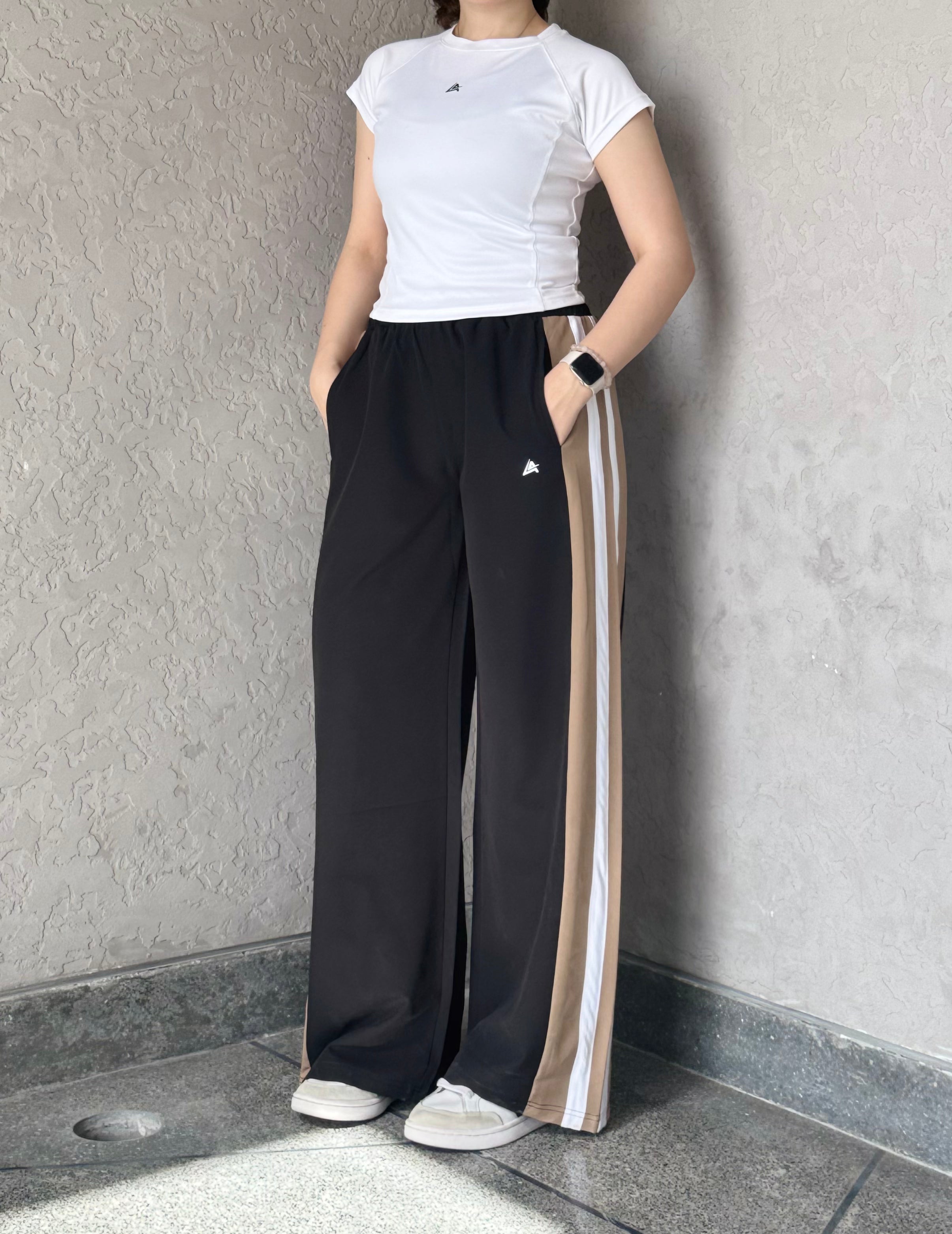 WOMEN BLACK WIDE LEG CONTRAST SIDE STRIPE TROUSER
