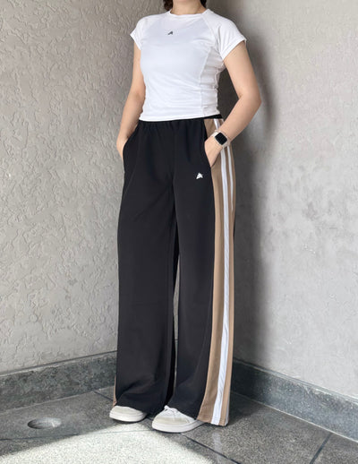 WOMEN BLACK WIDE LEG CONTRAST SIDE STRIPE TROUSER