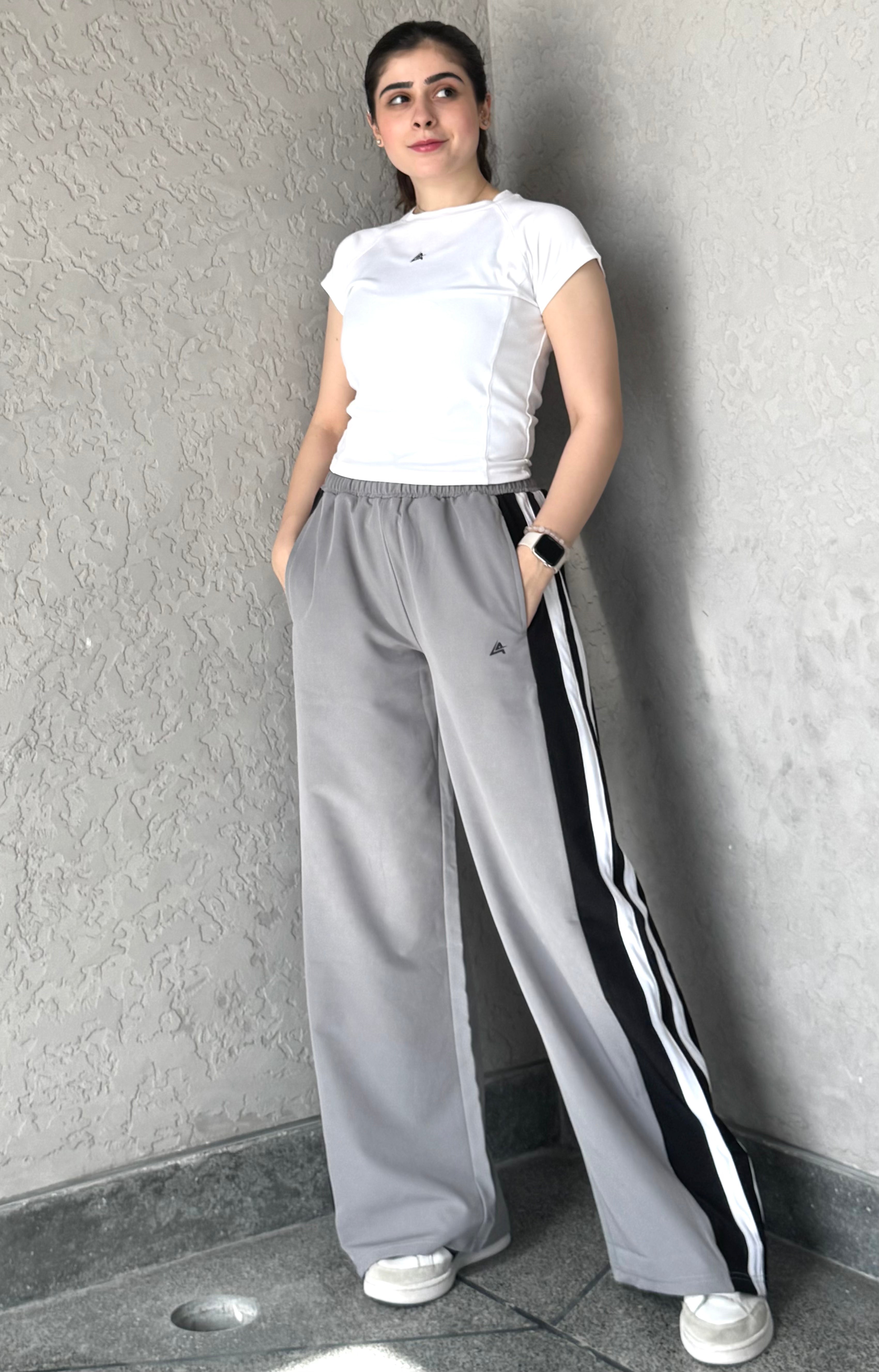 WOMEN LT GREY WIDE LEG CONTRAST SIDE STRIPE TROUSER