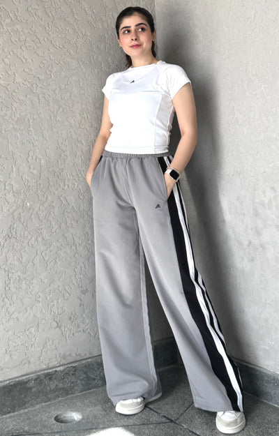 WOMEN LT GREY WIDE LEG CONTRAST SIDE STRIPE TROUSER