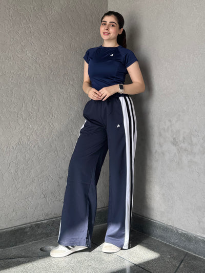 WOMEN NAVY WIDE LEG CONTRAST SIDE STRIPE TROUSER
