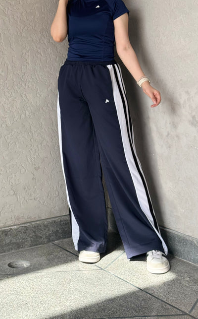 WOMEN NAVY WIDE LEG CONTRAST SIDE STRIPE TROUSER