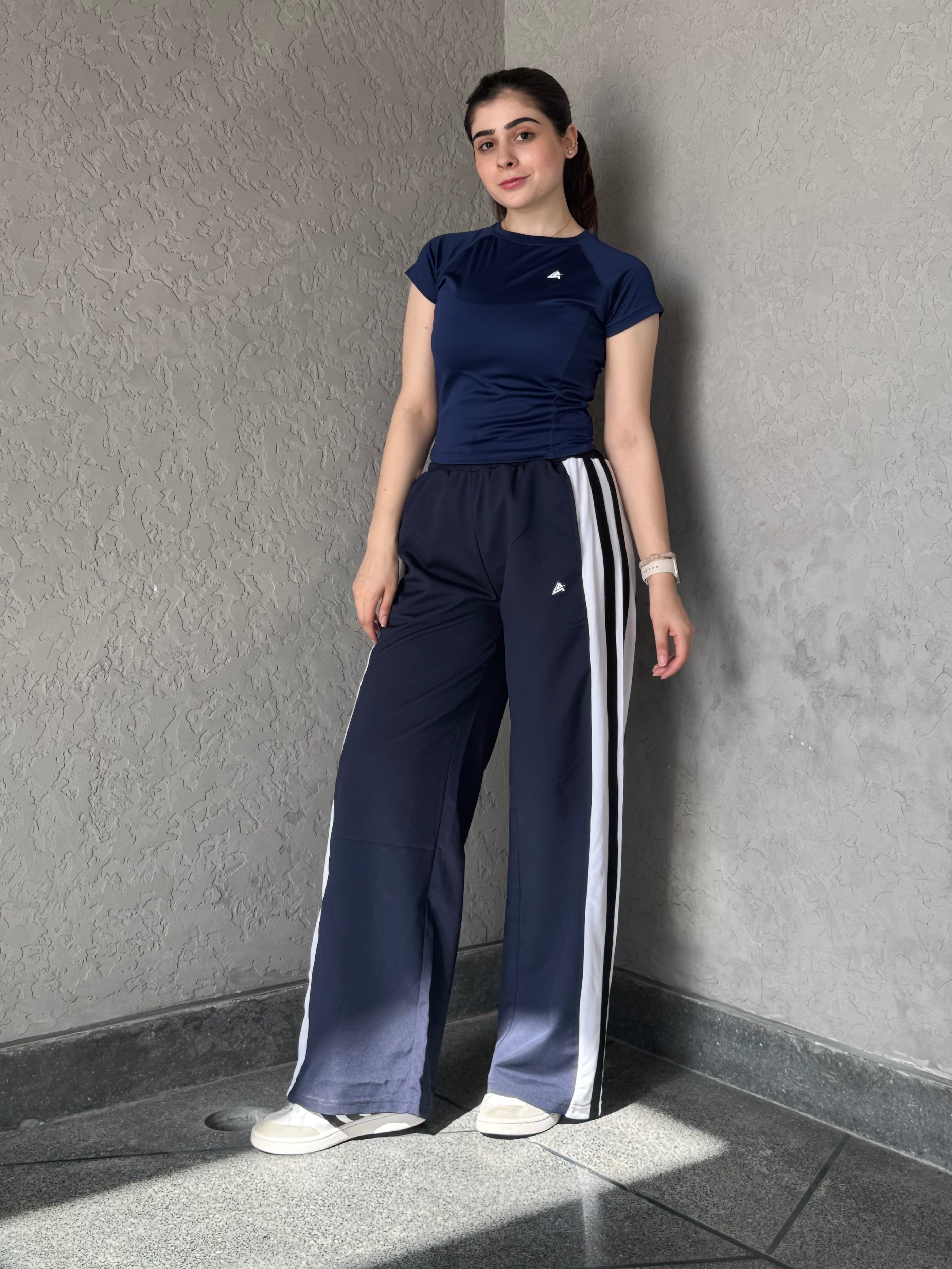 WOMEN NAVY WIDE LEG CONTRAST SIDE STRIPE TROUSER